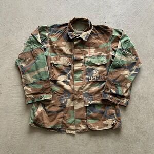 Vintage 90s Woodland Camo Military Field Jacket Size Small USMC Stencil Cargo